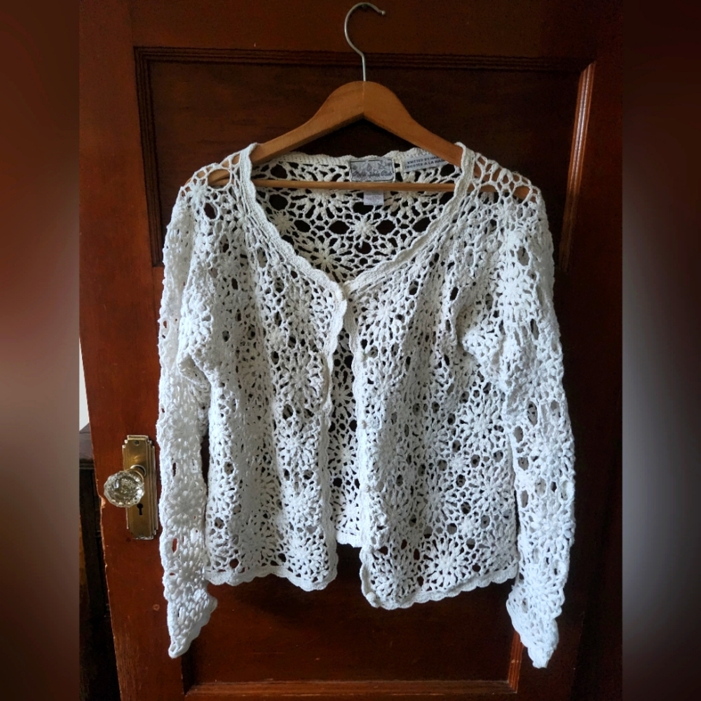 Vintage Handmade Crochet Cardigan Paris Sport Club Ramie And Cotton